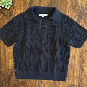 LOFT | Black LOFT | Black Johnny Collar Pointelle Knit Sweater, Size, Size S